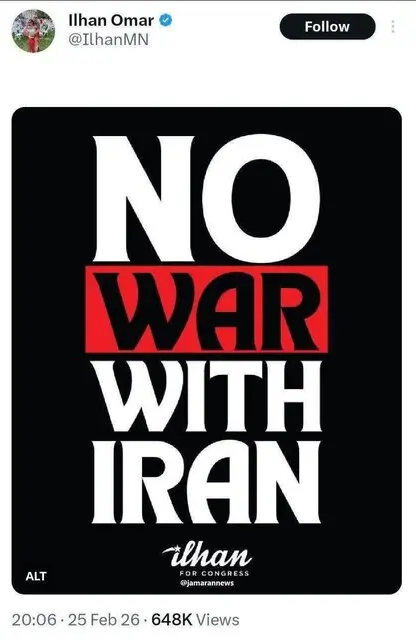 مخالفت ایلهان عمر با اقدام نظامی علیه ایران