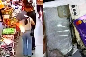 (ویدئو) لحظه هولناک و عجیب منفجر شدن موبایل در جیب زن جوان

