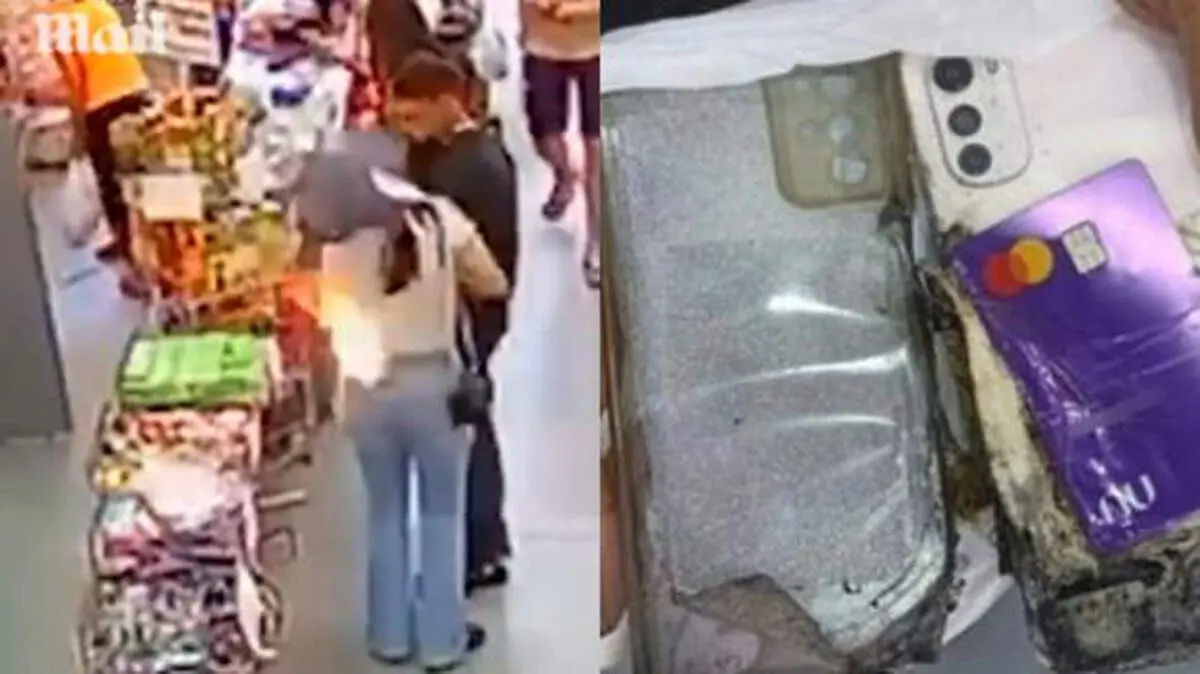 (ویدئو) لحظه هولناک و عجیب منفجر شدن موبایل در جیب زن جوان


