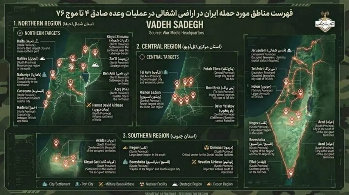فهرست مناطق مورد حمله ایران در اراضی اشغالی در عملیات وعده صادق ۴ تا موج ۷۶ + عکس 