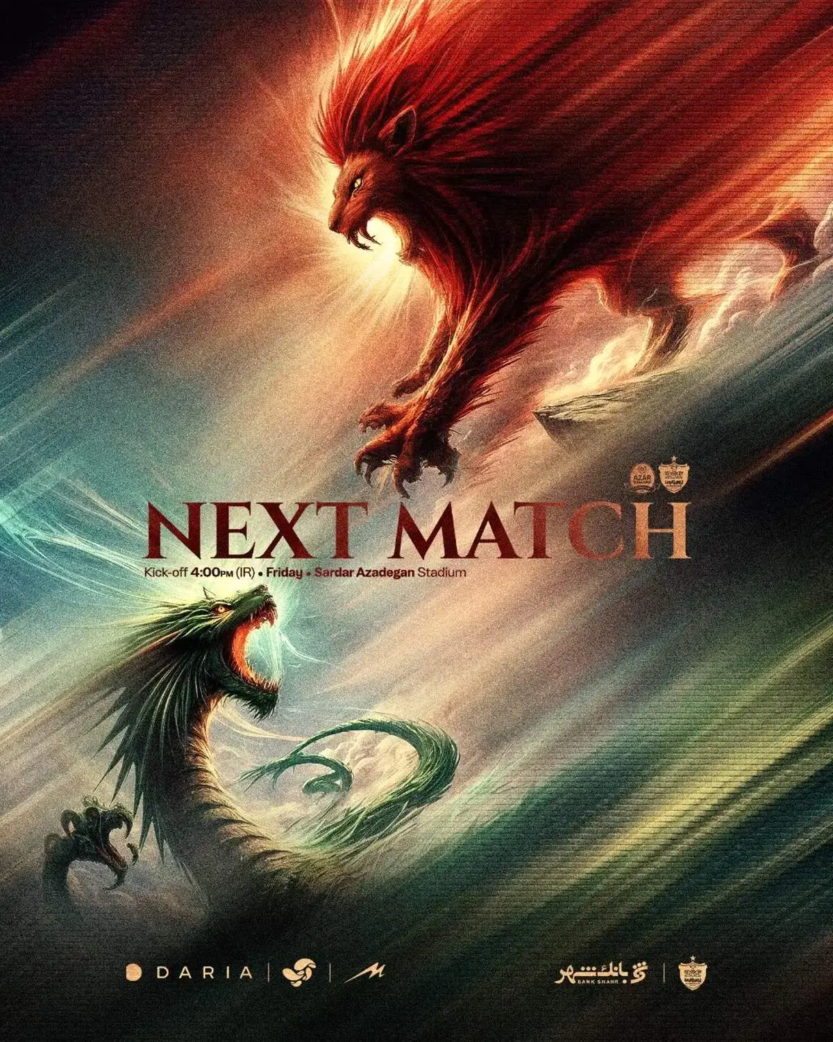 کری خوانی پوستری پرسپولیس و شمس‌آذر با شیر و اژدها