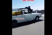 حرکت وحشتناک یک زن روی کاپوت پیکان وانت در اتوبان