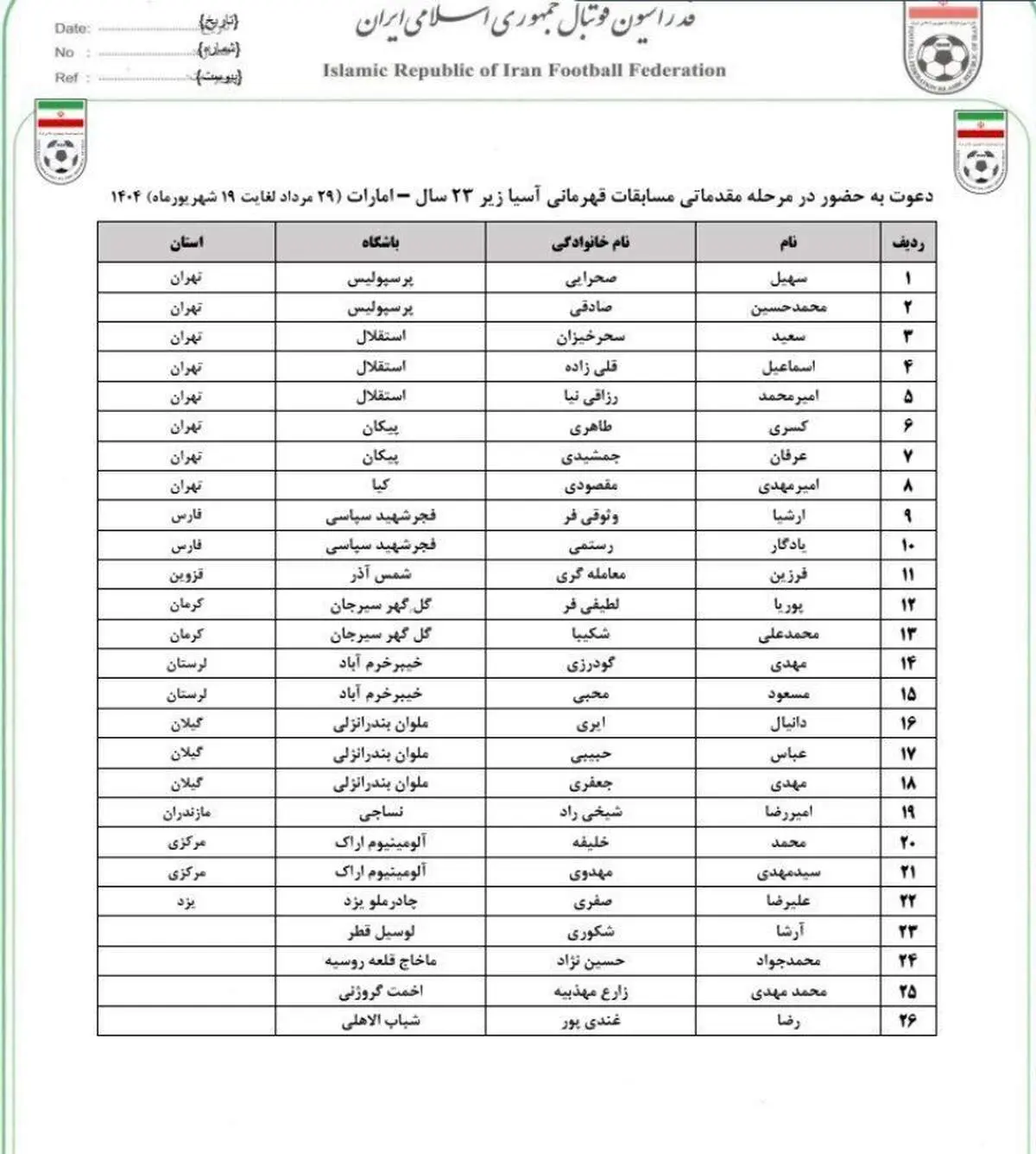 ۲۶ بازیکن به اردوی تیم ملی دعوت شدند