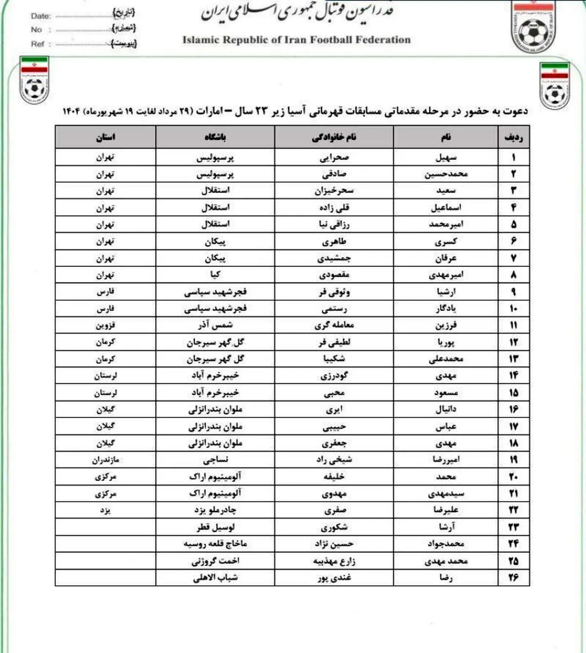 ۲۶ بازیکن به اردوی تیم ملی دعوت شدند