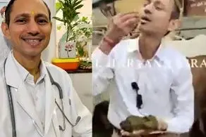 اقدام چندش آور آقای دکتر با خوردن مدفوع گاو 
