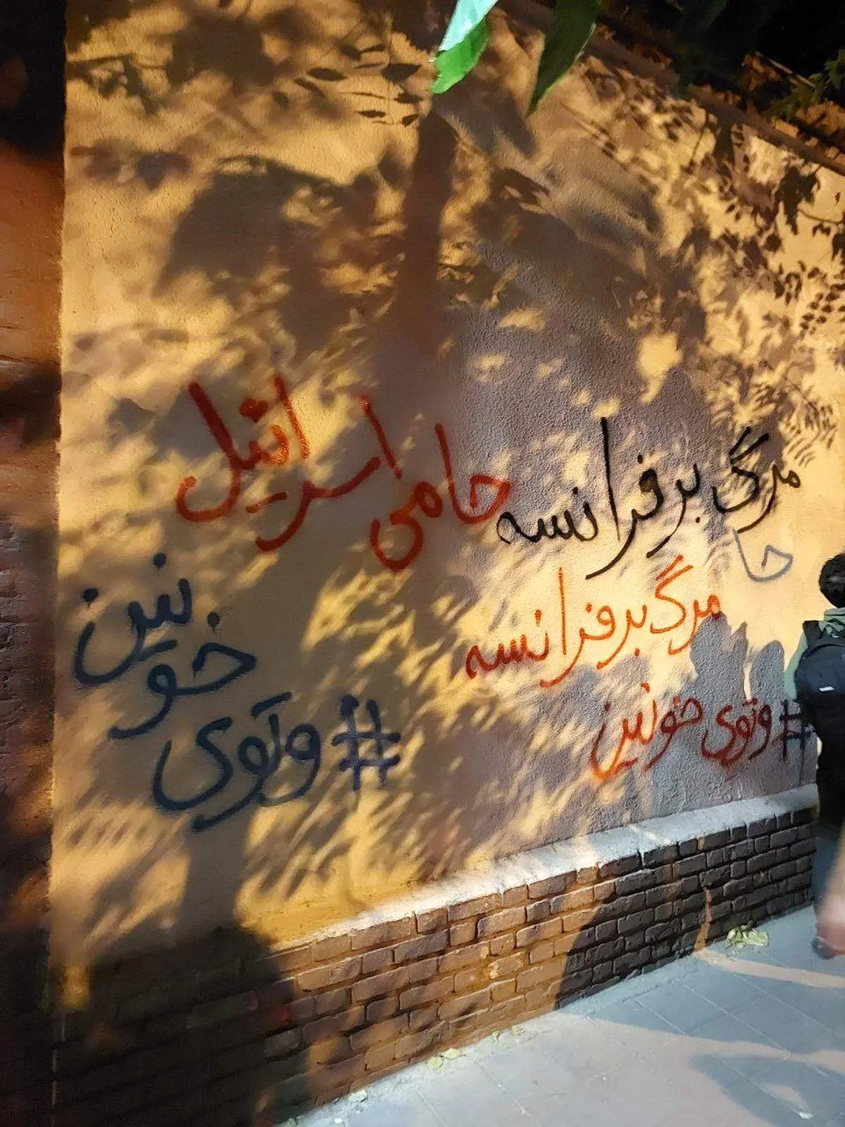 عکس شعارنویسی بر روی دیوار سفارت فرانسه در تهران + ببینید