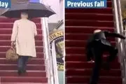 لغزش دوباره بایدن حین بالا رفتن از پله‌های هواپیما!