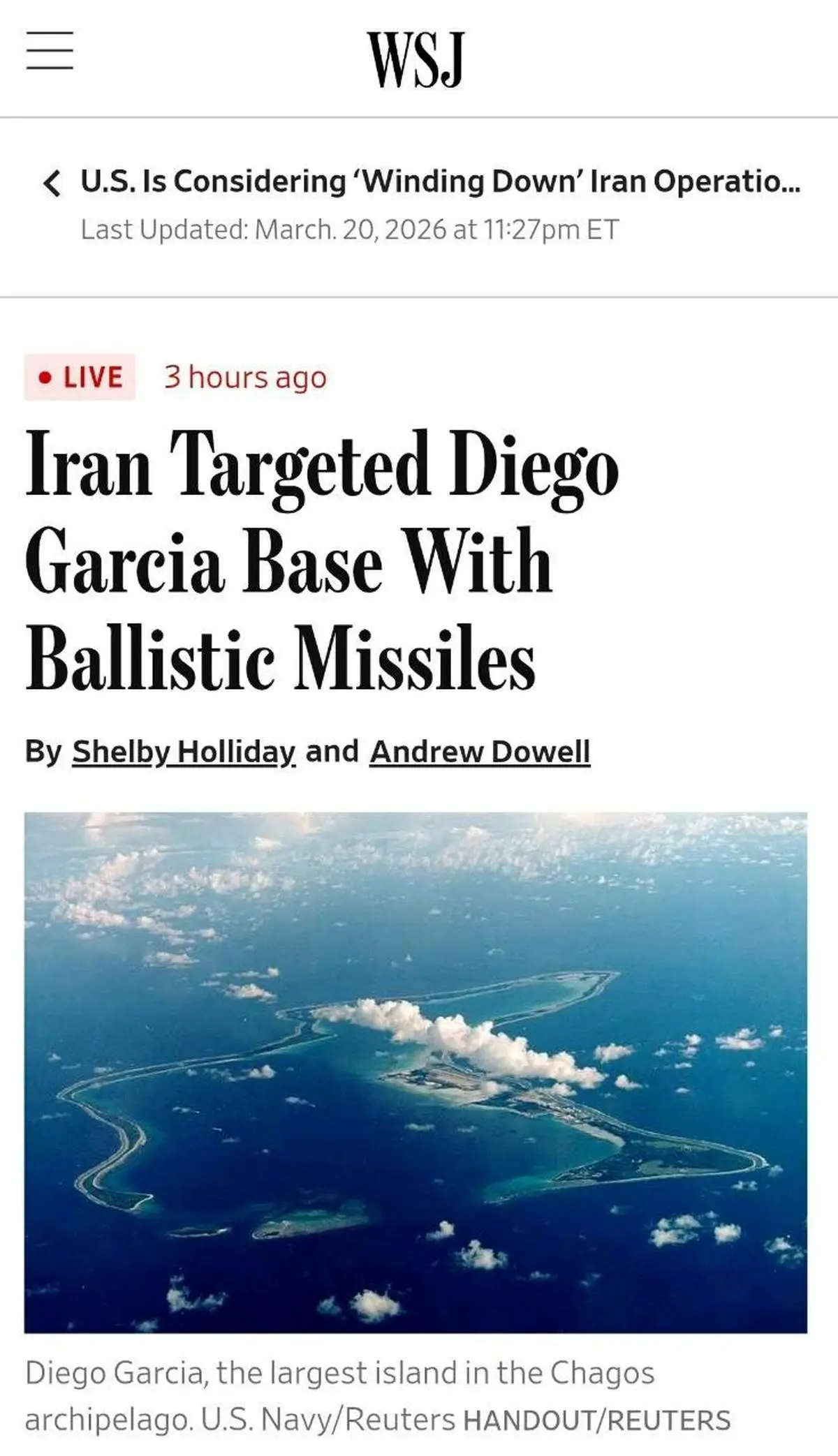 ایران دو موشک بالستیک به سمت پایگاه هوایی دیگو گارسیا پرتاب کرد